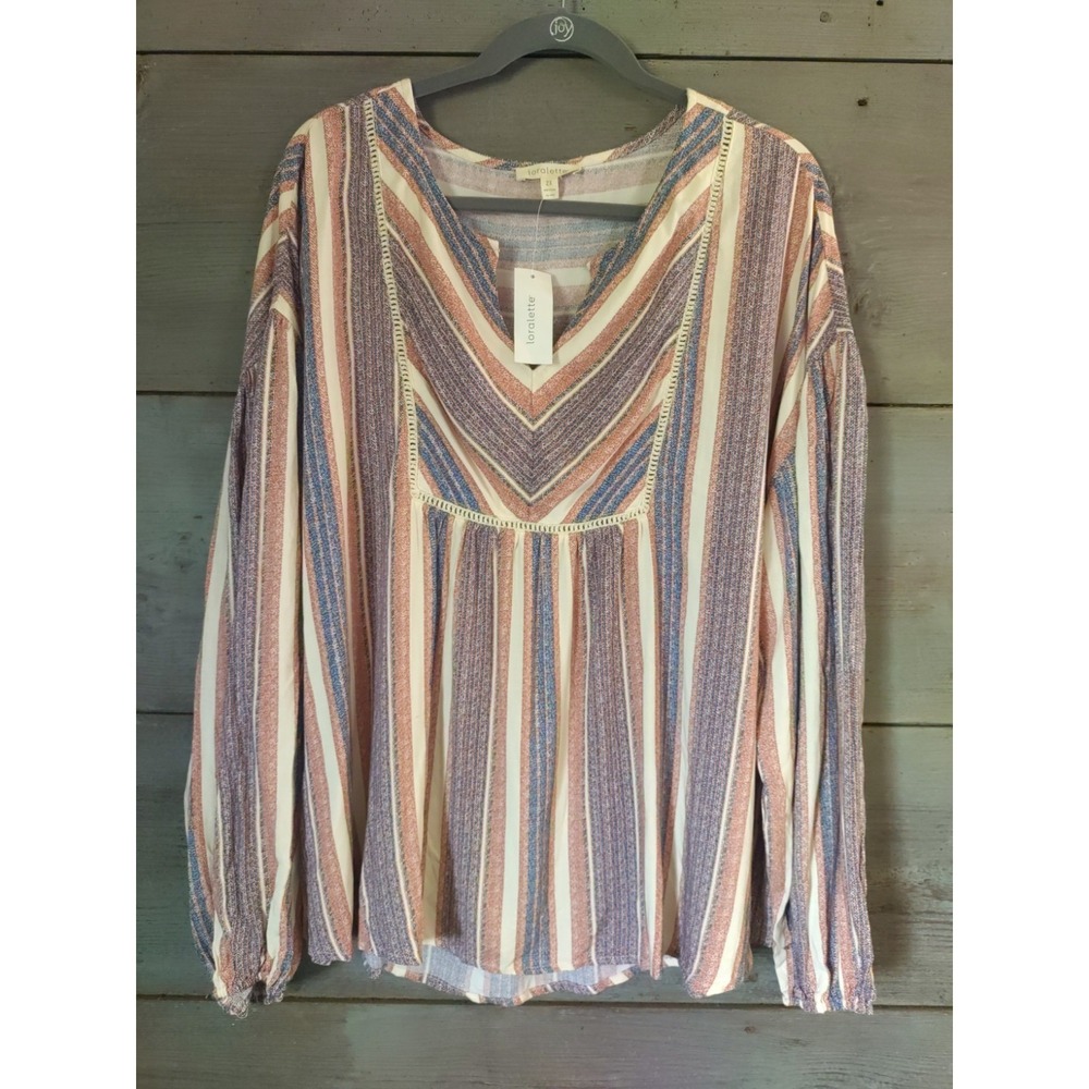 Loralette Women Striped V-Neck Long Sleeve Dolly Top Blouse Multi 2X NWT